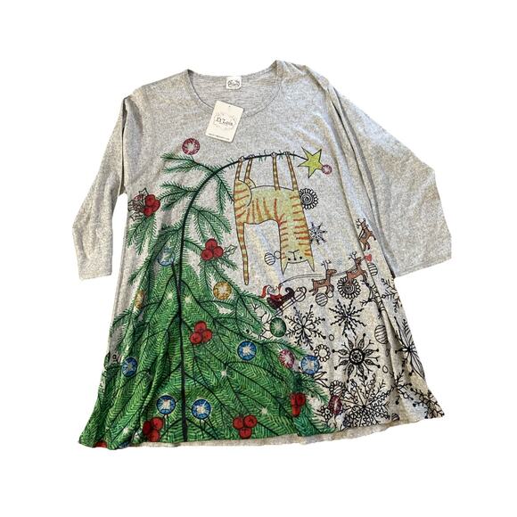 Et’ Lois Christmas Tunic Sz L New Gray Cat Lover Graphic Holiday Tree Santa - Picture 1 of 7